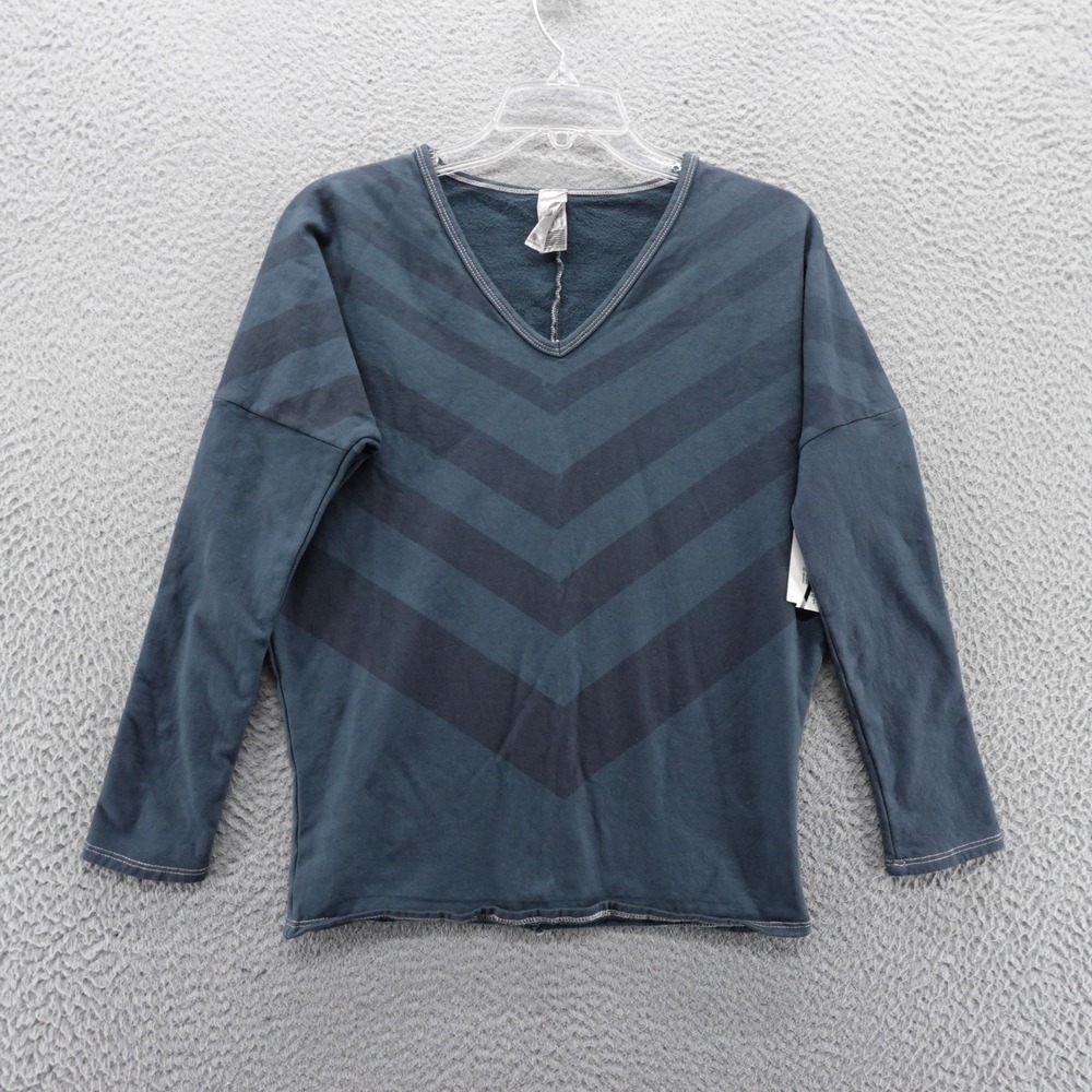 Go Couture Womens V-Neck Chevron Stripe Pullover Sweatshirt Blue Gray S NEW